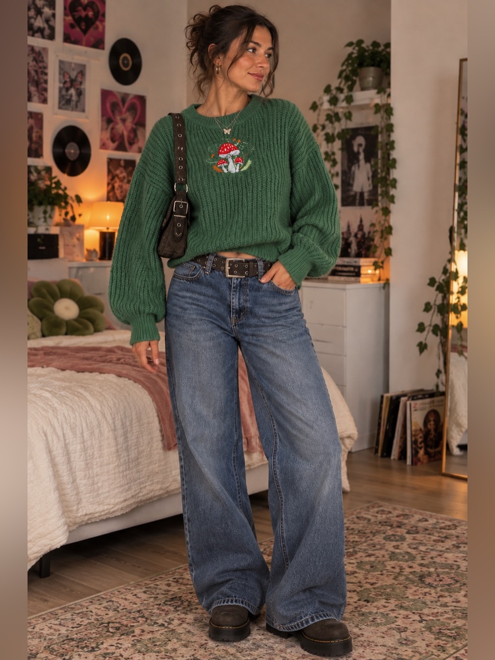 ROMWE M Green Mushroom Embroidered Chunky Knit Sweater Cottagecore Fairycore